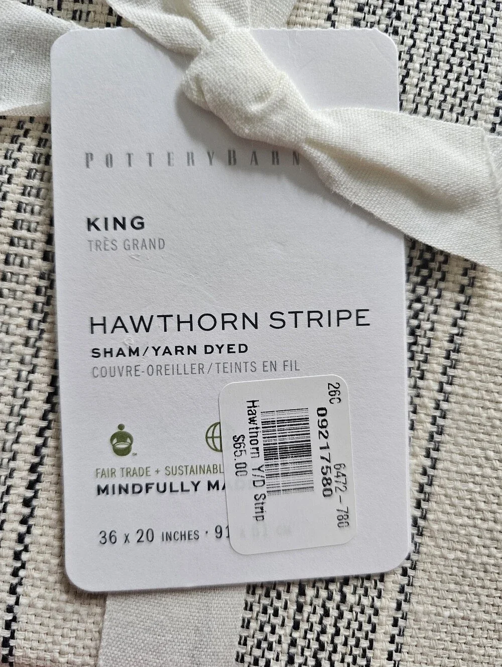 Hawthorn Stripe King Size Shams. Set Of 2 NWT Beige With Charcoal Stripes